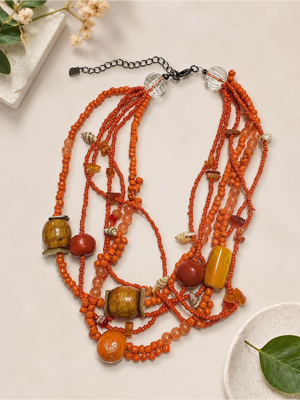 Multistrand Orange Beaded Statement Necklace - Unbranded